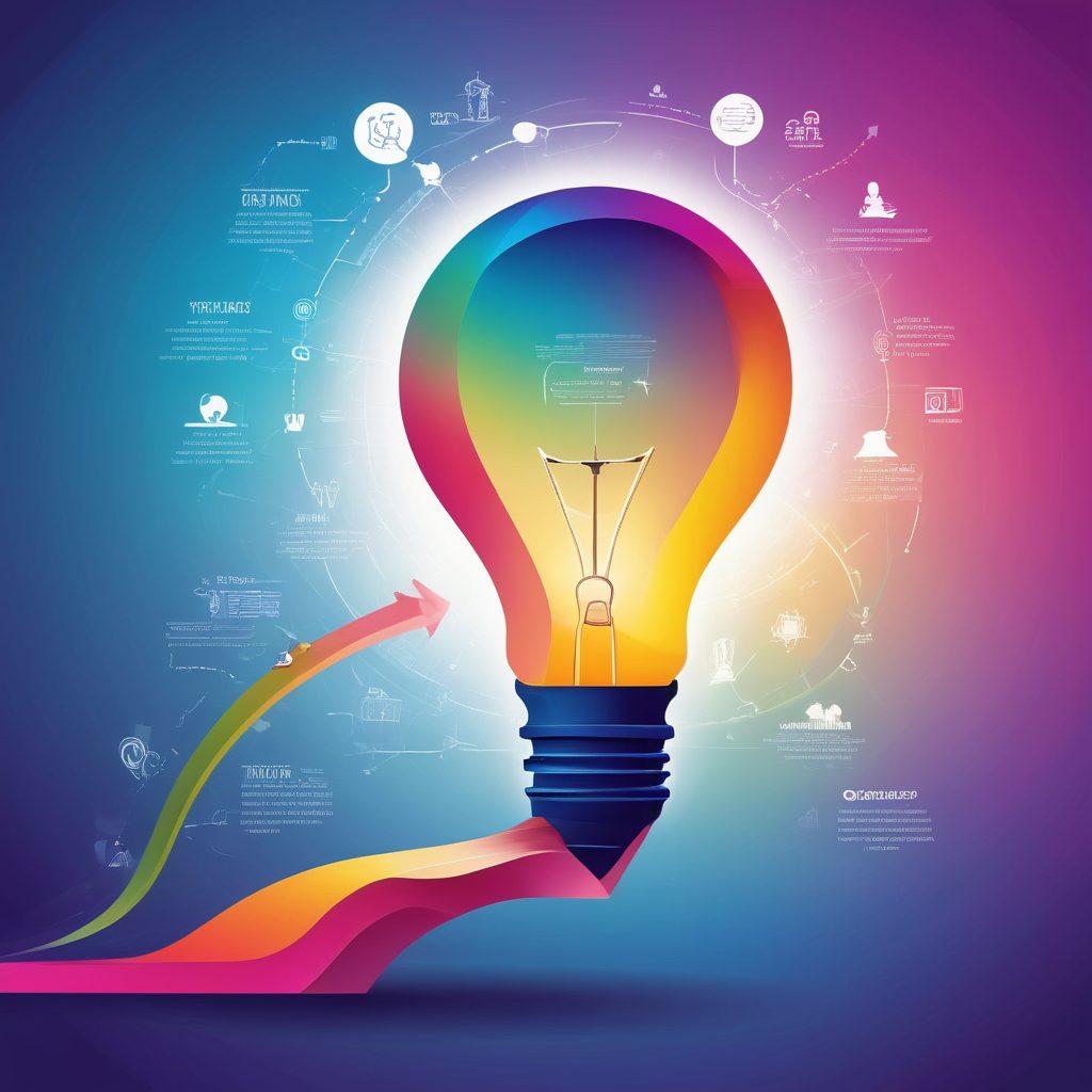 A dynamic infographic depicting a journey from a lightbulb representing ideas, through a winding path filled with symbols of planning, teamwork, and execution. At the end of the path, a trophy showcases success. The background features a gradient of colors symbolizing growth and energy. The style is vector art with vibrant colors.