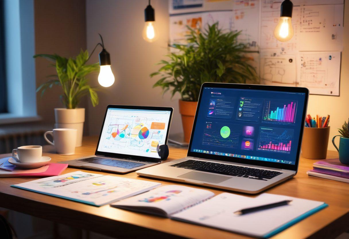 A captivating digital workspace featuring a laptop with vibrant graphs and social media icons, surrounded by a notepad filled with colorful notes and brainstorming doodles. Include a warm, inviting atmosphere with soft lighting, coffee cup, and a plant for freshness. Add elements representing creativity, like floating lightbulbs and inspirational quotes in the background. super-realistic. vibrant colors. cozy ambiance.