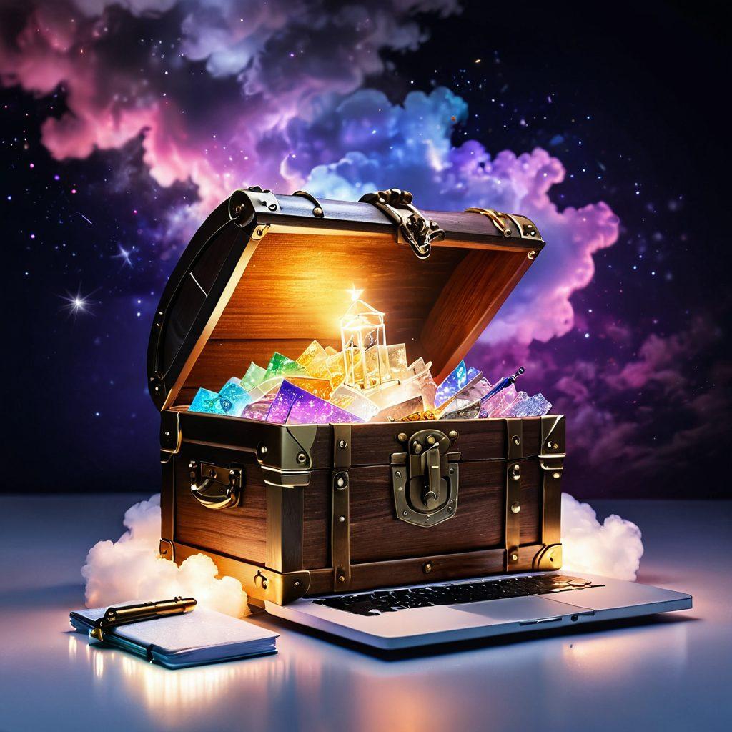 An enchanted key unlocking a glowing treasure chest filled with blogging tools like a laptop, a pen, and notebooks, surrounded by sparkling lights symbolizing success and creativity. A subtle swirl of mystical clouds in the background suggests a world of knowledge waiting to be explored. super-realistic. vibrant colors. white background.